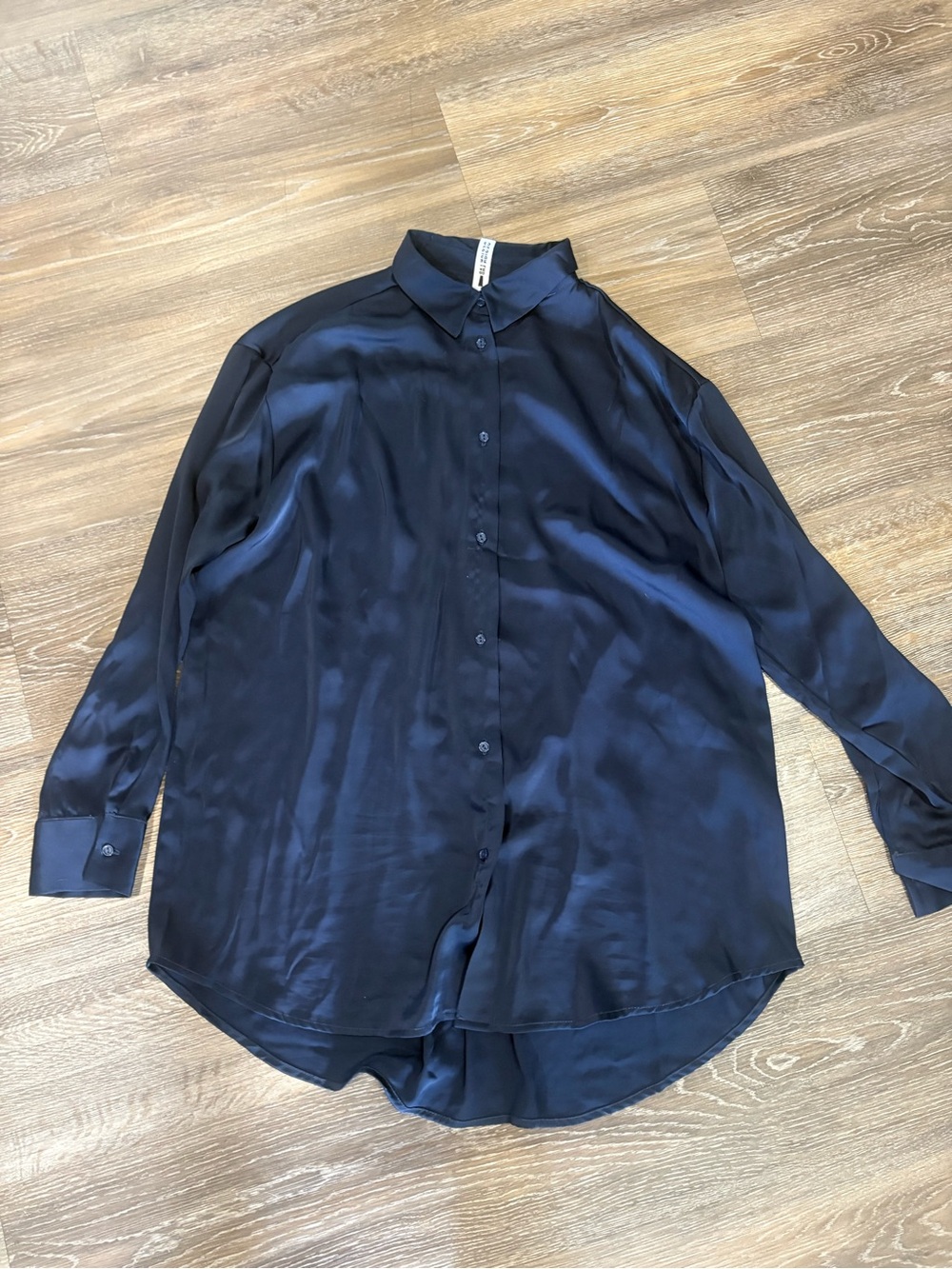 Design Lab Lord & Taylor Navy Satin Button-Front Blouse